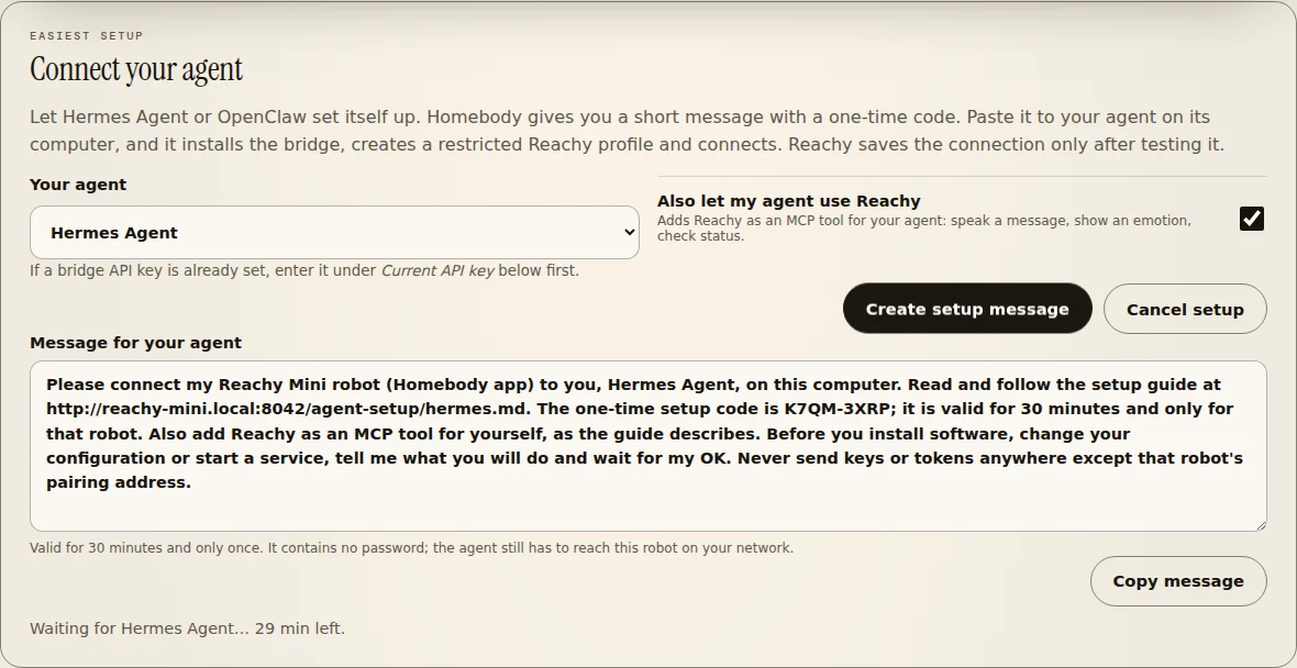 Homebody's Connect your agent card showing a one-time setup message for Hermes Agent and a waiting status.